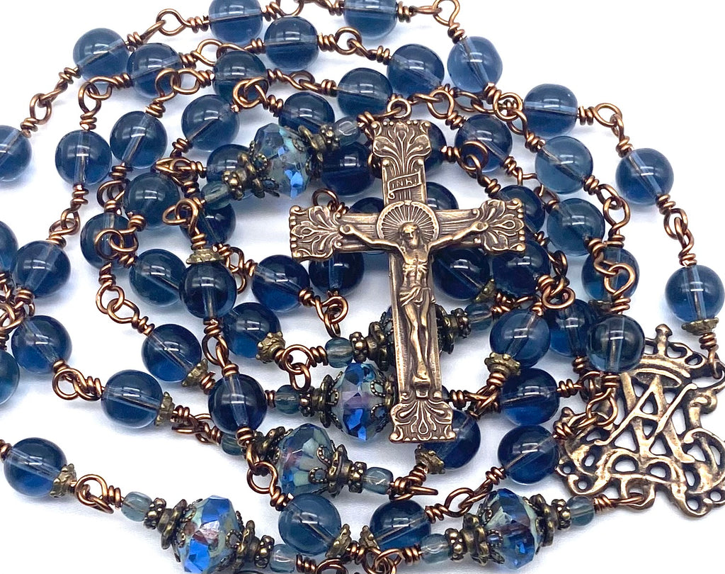 Montana Blue Czech Glass Wire Wrapped Catholic Heirloom Rosary LARGE