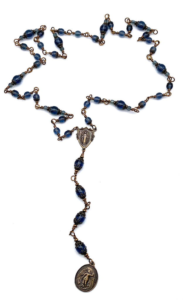 Montana Blue Czech Glass Wire Wrapped Catholic Heirloom Chaplet of Saint Michael MEDIUM