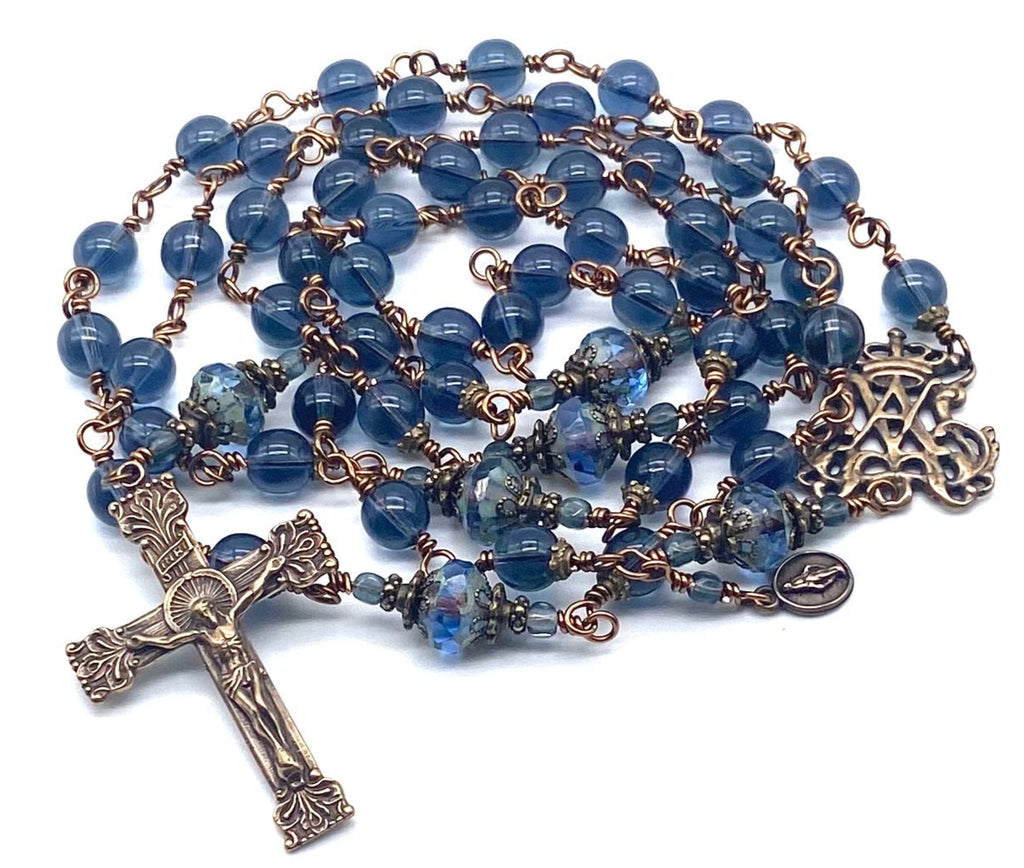 Montana Blue Czech Glass Wire Wrapped Catholic Heirloom Rosary LARGE