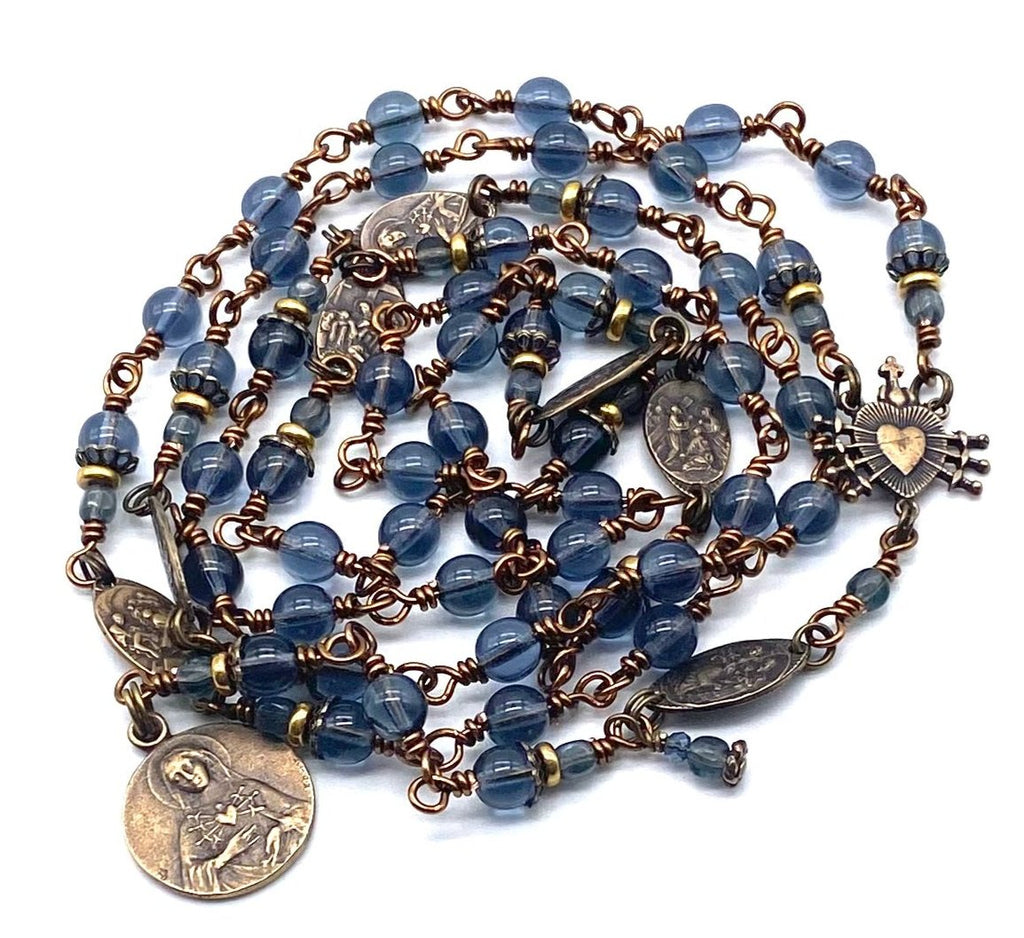 Montana Blue Czech Glass Catholic Heirloom Rosary of the Seven Sorrows Med