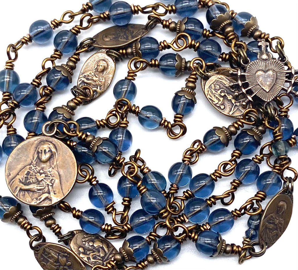 Montana Blue Czech Wire Wrapped Catholic Heirloom Rosary of the Seven Sorrows