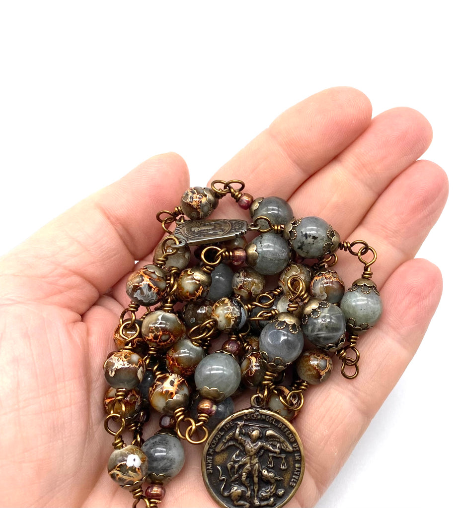 Mosaic Agate Wire Wrapped Catholic Heirloom Chaplet of Saint Michael LARGE