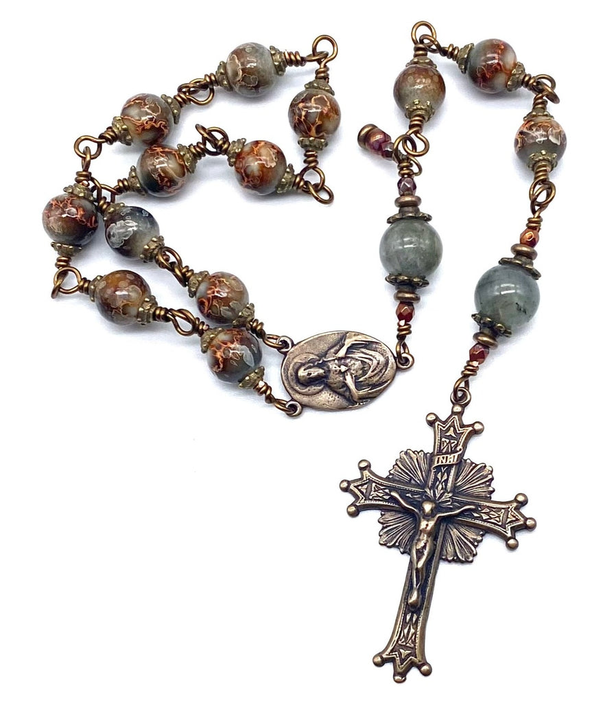 Mosaic Agate Gemstone Wire Wrapped Catholic Heirloom Travel Rosary