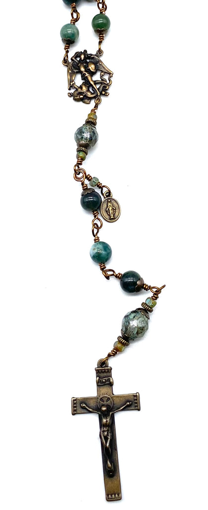 Moss Green Agate Gemstone Wire Wrapped Catholic Heirloom Rosary Large