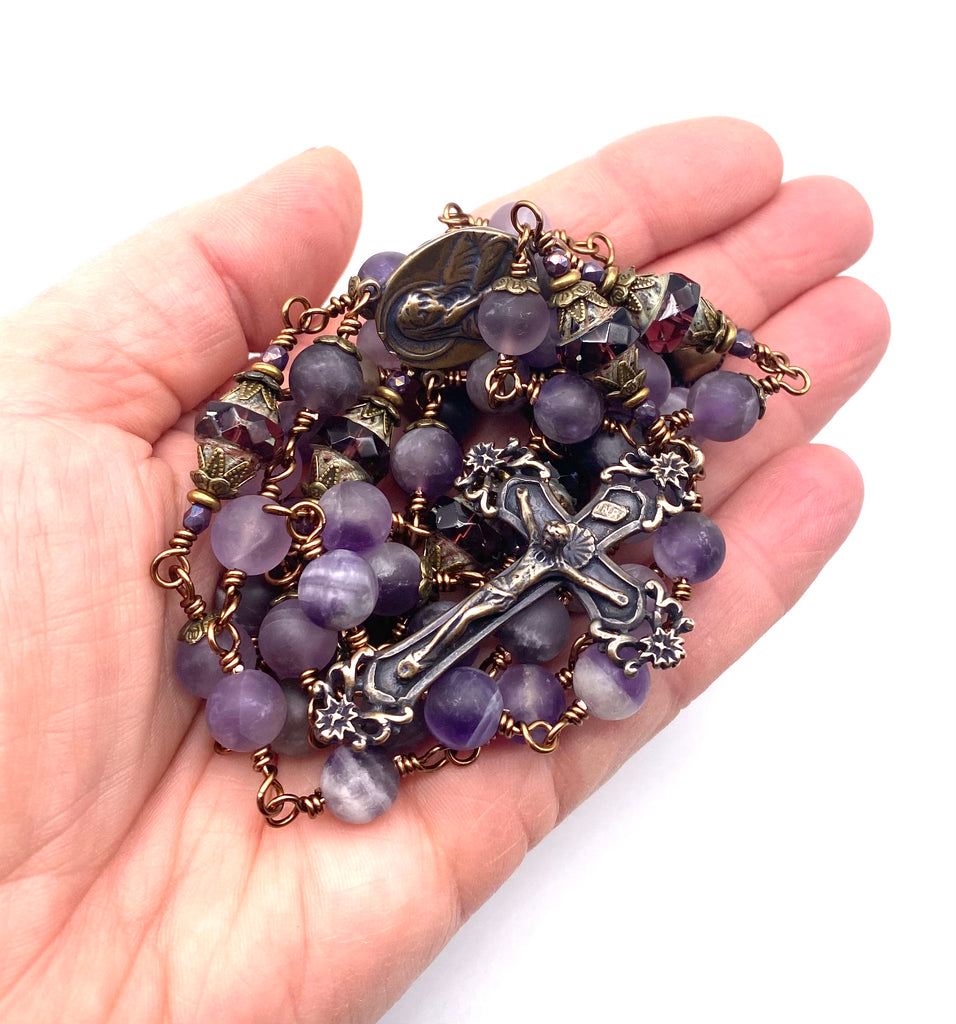 Natural Amethyst Matte Gemstone Wire Wrapped Catholic Heirloom Rosary Large