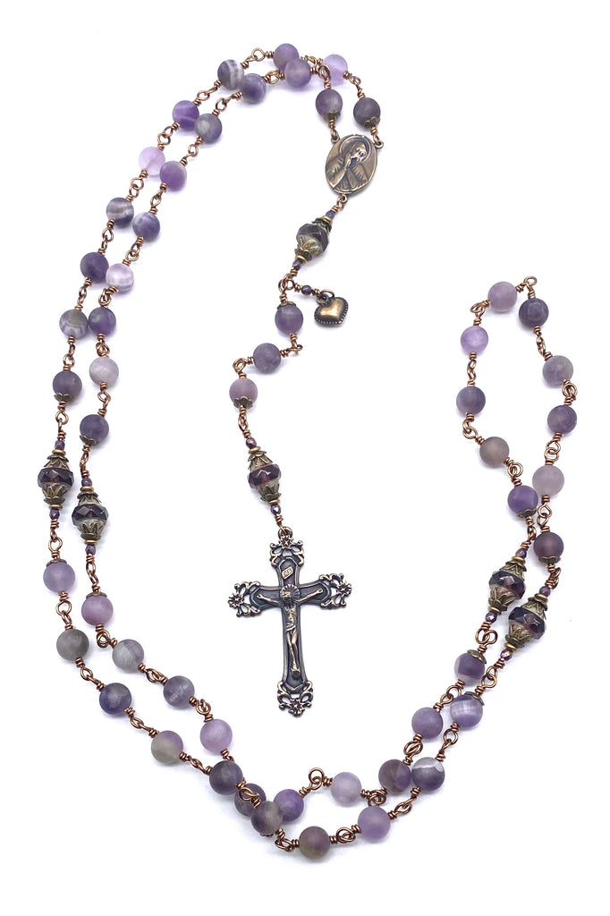 Natural Amethyst Matte Gemstone Wire Wrapped Catholic Heirloom Rosary Large
