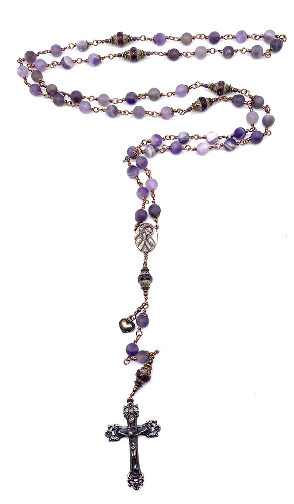 Natural Amethyst Matte Gemstone Wire Wrapped Catholic Heirloom Rosary Large