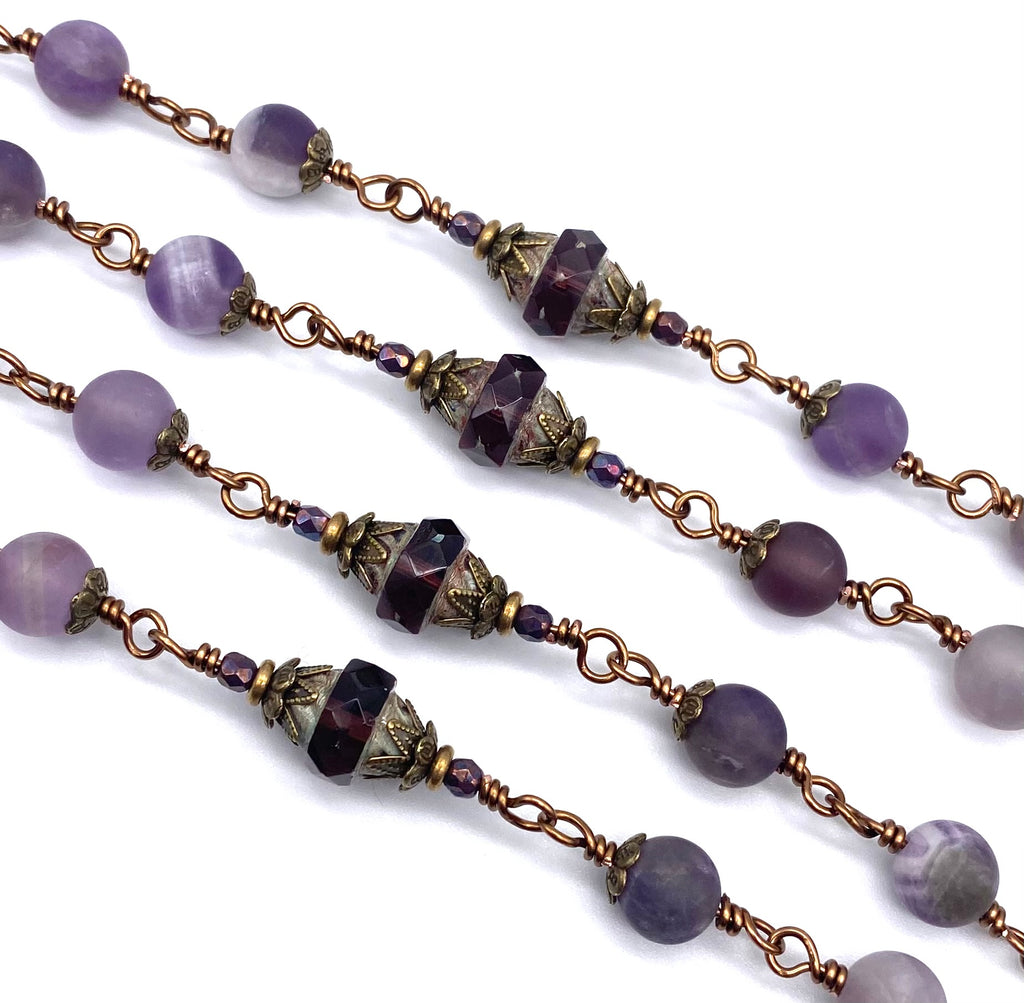 Natural Amethyst Matte Gemstone Wire Wrapped Catholic Heirloom Rosary Large