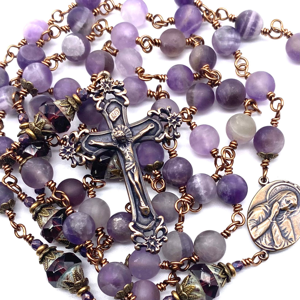 Natural Amethyst Matte Gemstone Wire Wrapped Catholic Heirloom Rosary Large