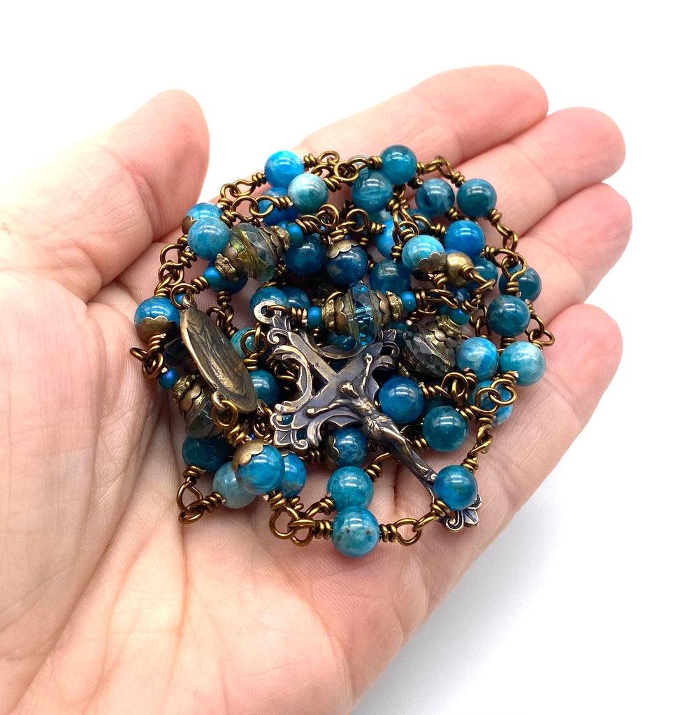 Natural Apatite Gemstone Wire Wrapped Catholic Heirloom Medium