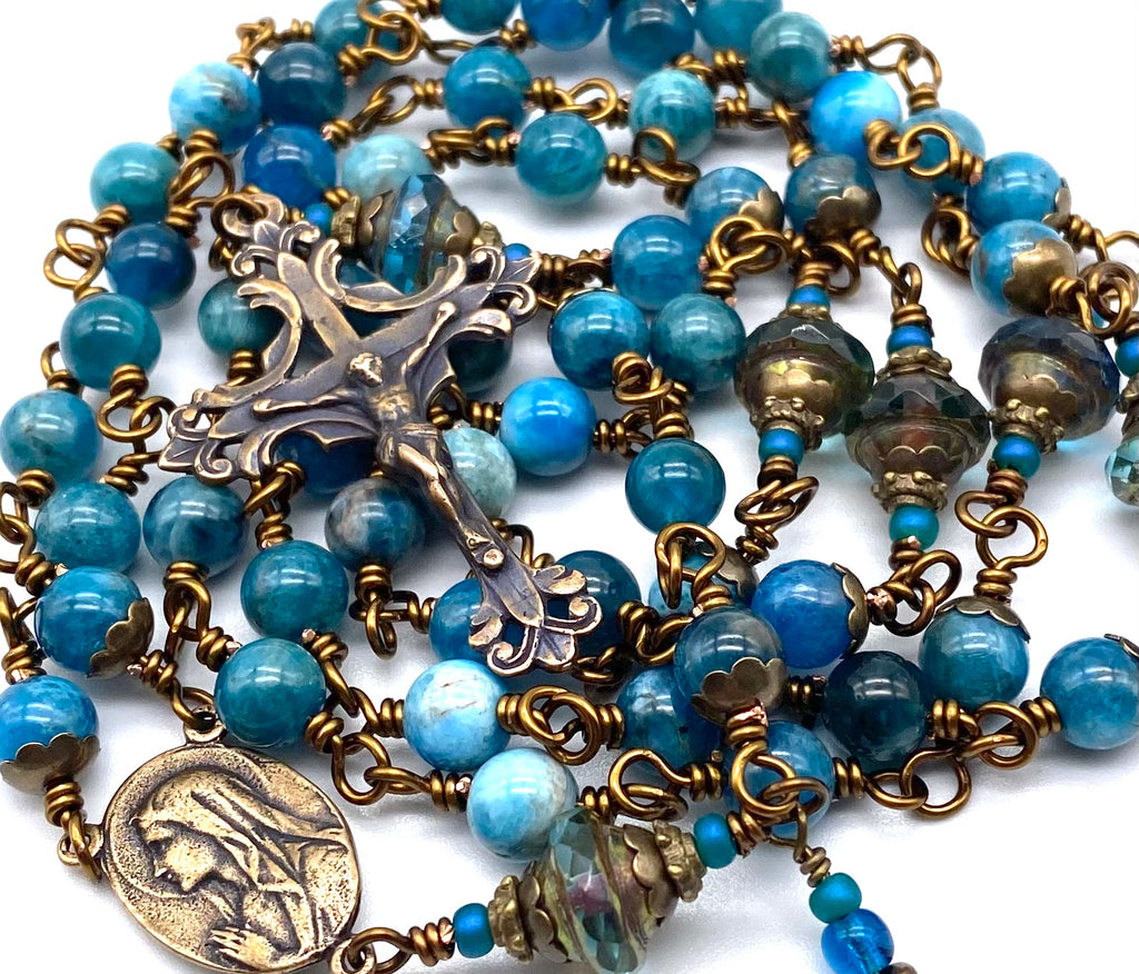 Natural Apatite Gemstone Wire Wrapped Catholic Heirloom Medium