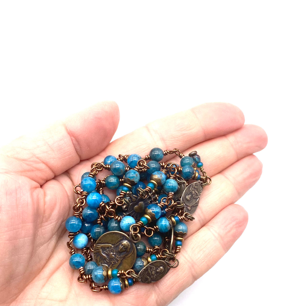 Natual Apatite Gemstone Wire Wrapped Catholic Heirloom Rosary of the Seven Sorrows Med