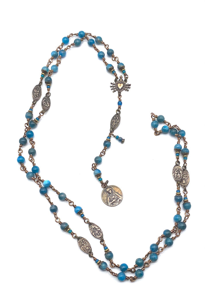 Natual Apatite Gemstone Wire Wrapped Catholic Heirloom Rosary of the Seven Sorrows Med