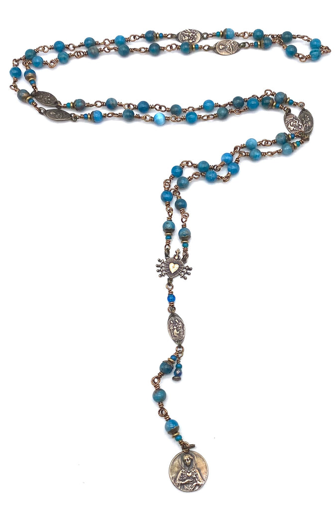 Natual Apatite Gemstone Wire Wrapped Catholic Heirloom Rosary of the Seven Sorrows Med