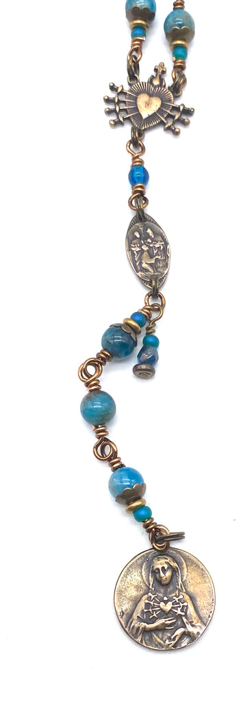 Natual Apatite Gemstone Wire Wrapped Catholic Heirloom Rosary of the Seven Sorrows Med