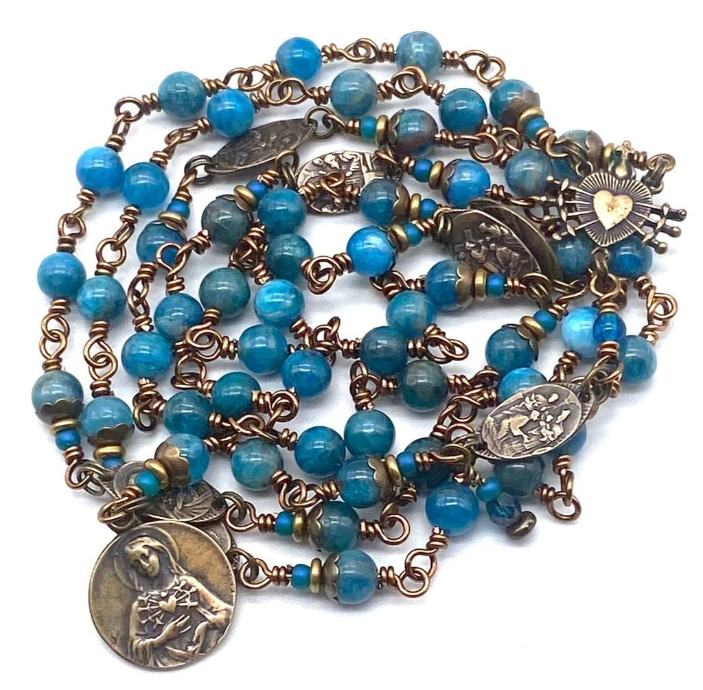 Natual Apatite Gemstone Wire Wrapped Catholic Heirloom Rosary of the Seven Sorrows Med