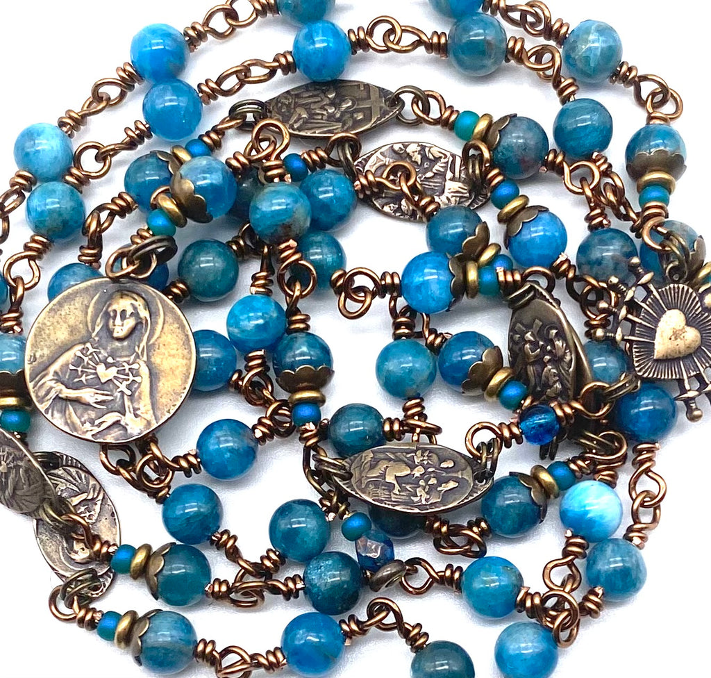 Natual Apatite Gemstone Wire Wrapped Catholic Heirloom Rosary of the Seven Sorrows Med