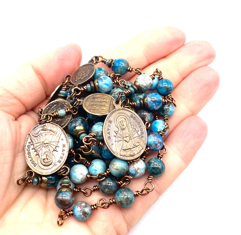 Natural Apatite Gemstone Catholic Heirloom Rosary of the Seven Sorrows Lrg