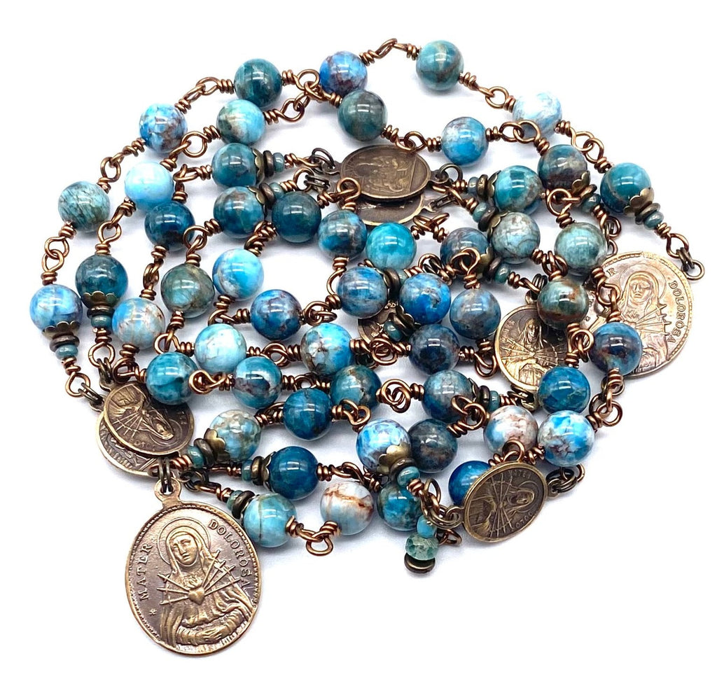 Natural Apatite Gemstone Catholic Heirloom Rosary of the Seven Sorrows Lrg