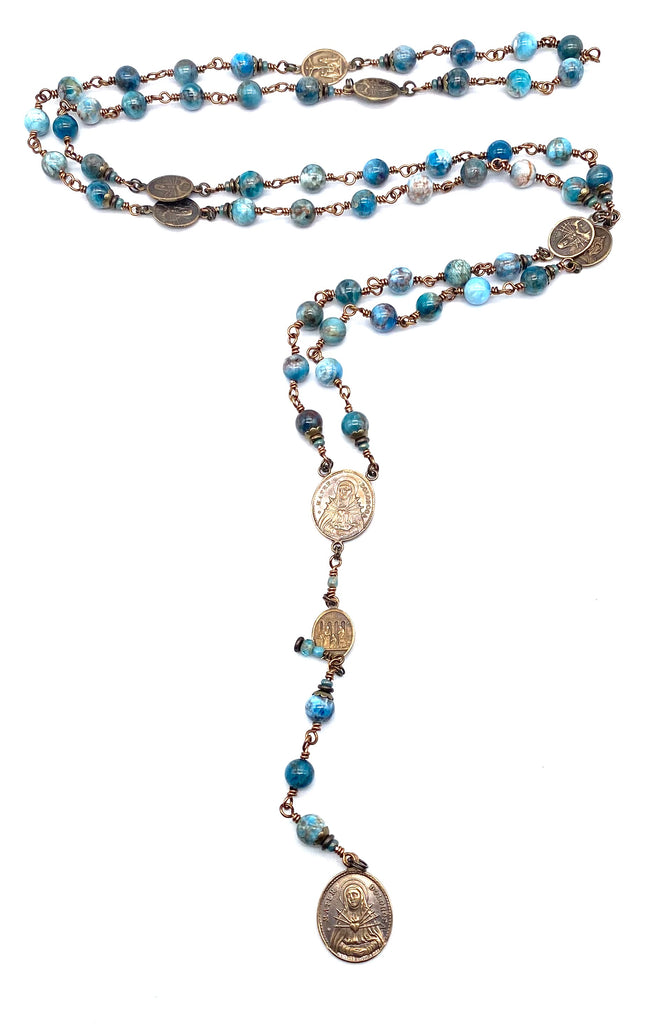Natural Apatite Gemstone Catholic Heirloom Rosary of the Seven Sorrows Lrg