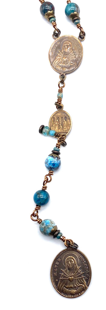 Natural Apatite Gemstone Catholic Heirloom Rosary of the Seven Sorrows Lrg