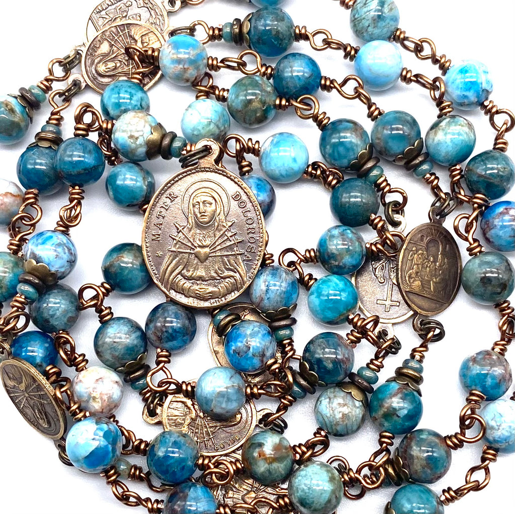 Natural Apatite Gemstone Catholic Heirloom Rosary of the Seven Sorrows Lrg