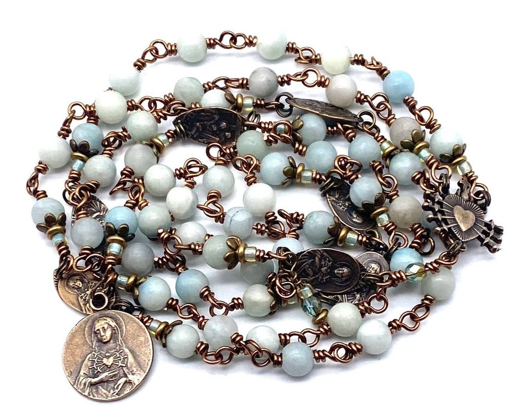 Natural Blue Aquamarine Gemstone Catholic Heirloom Rosary of the Seven Sorrows Med
