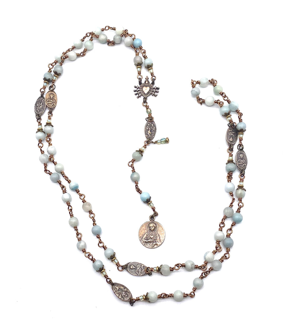 Natural Blue Aquamarine Gemstone Catholic Heirloom Rosary of the Seven Sorrows Med