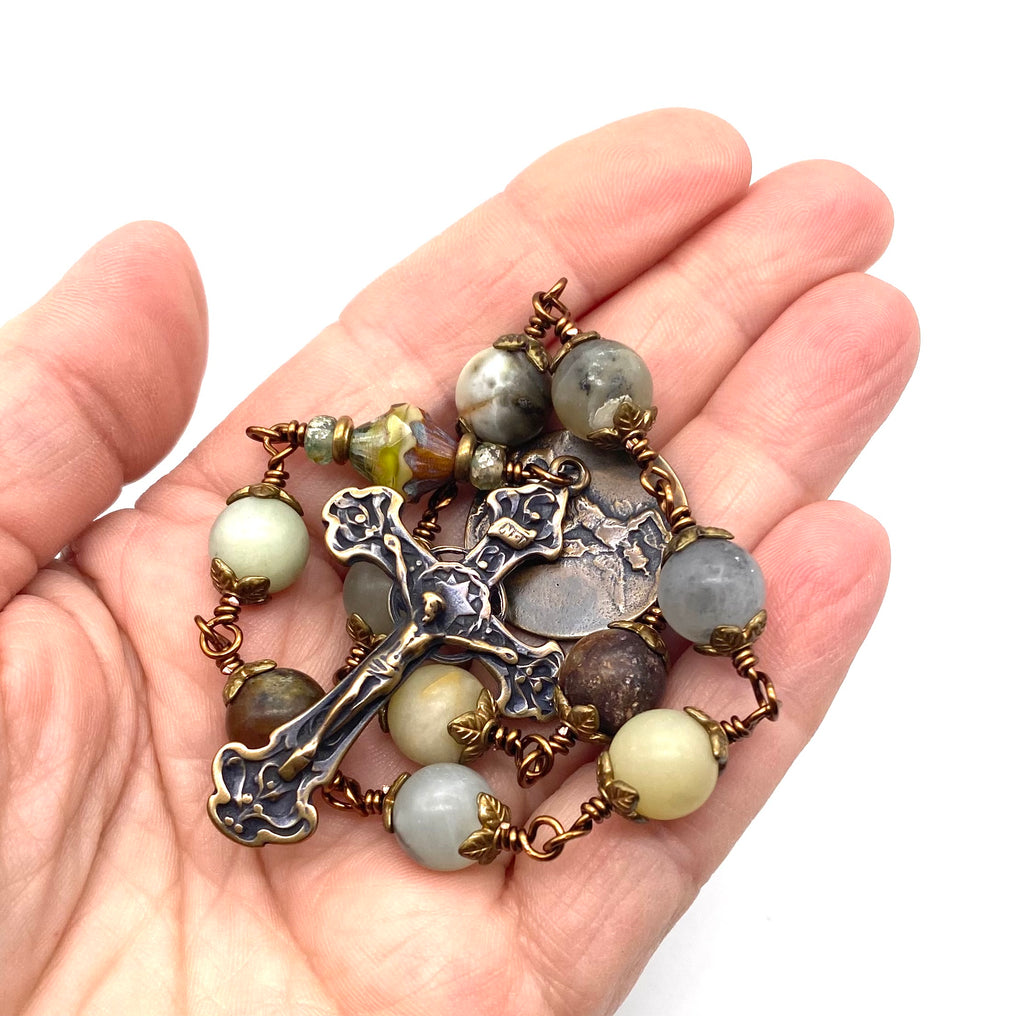 Natural Flower Jade Gemstone Wire Wrapped BIG BEAD Catholic Heirloom Tenner Rosary