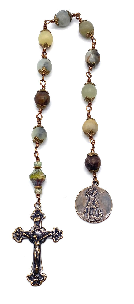 Natural Flower Jade Gemstone Wire Wrapped BIG BEAD Catholic Heirloom Tenner Rosary