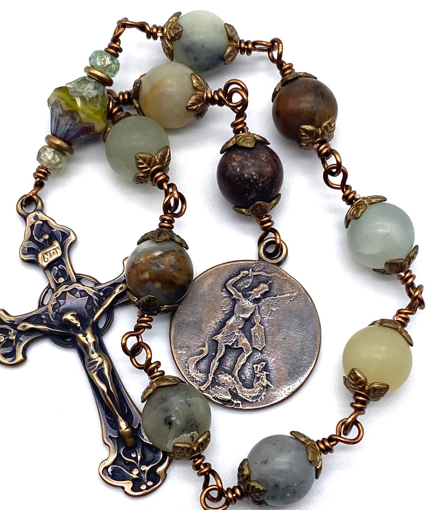 Natural Flower Jade Gemstone Wire Wrapped BIG BEAD Catholic Heirloom Tenner Rosary