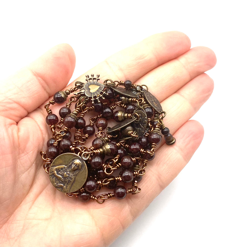 Natural Garnet Gemstone Wire Wrapped Catholic Heirloom Rosary of the Seven Sorrows Med