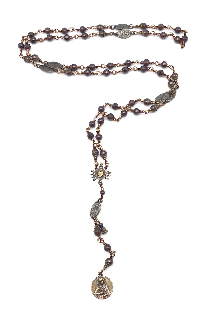 Natural Garnet Gemstone Wire Wrapped Catholic Heirloom Rosary of the Seven Sorrows Med