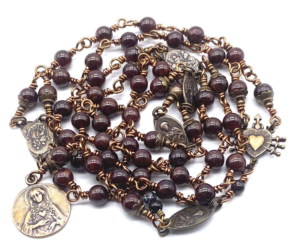 Natural Garnet Gemstone Wire Wrapped Catholic Heirloom Rosary of the Seven Sorrows Med