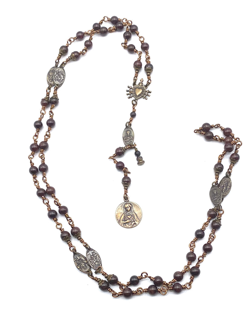 Natural Garnet Gemstone Wire Wrapped Catholic Heirloom Rosary of the Seven Sorrows Med