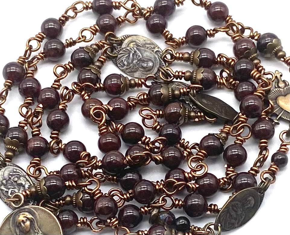 Natural Garnet Gemstone Wire Wrapped Catholic Heirloom Rosary of the Seven Sorrows Med