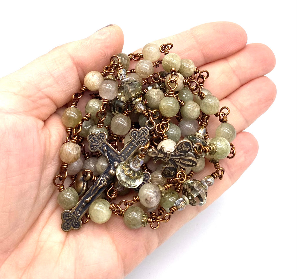 Natural Green Kunzite Gemstone Wire Wrapped Catholic Heirloom Rosary LARGE