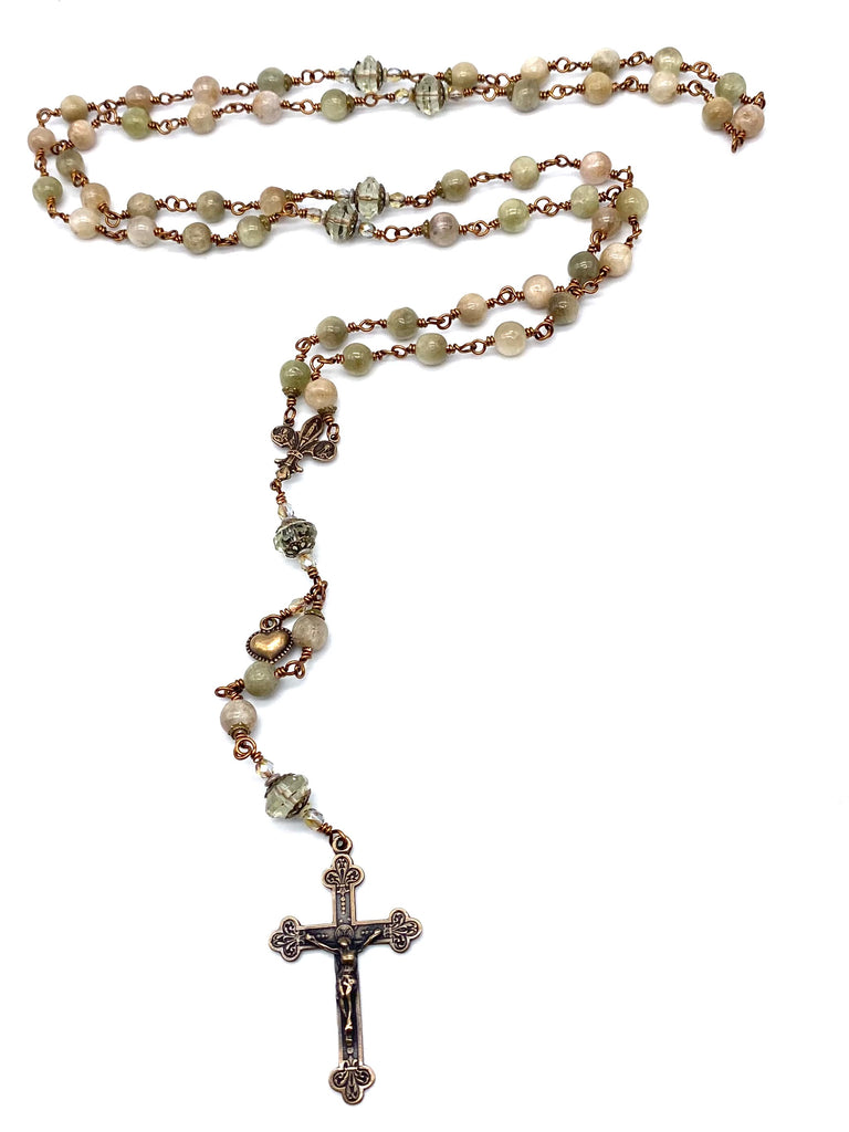 Natural Green Kunzite Gemstone Wire Wrapped Catholic Heirloom Rosary LARGE