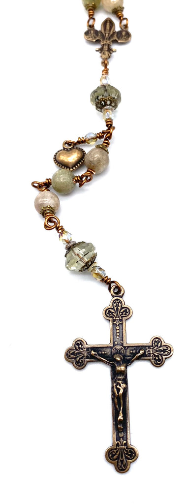 Natural Green Kunzite Gemstone Wire Wrapped Catholic Heirloom Rosary LARGE