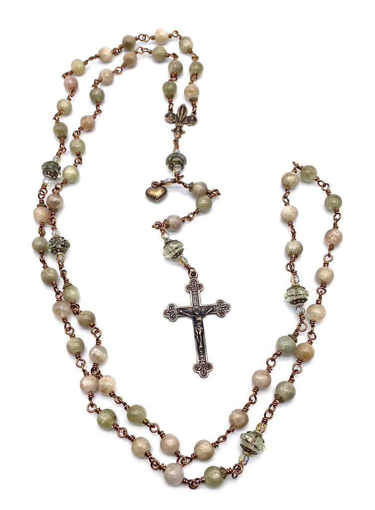 Natural Green Kunzite Gemstone Wire Wrapped Catholic Heirloom Rosary LARGE