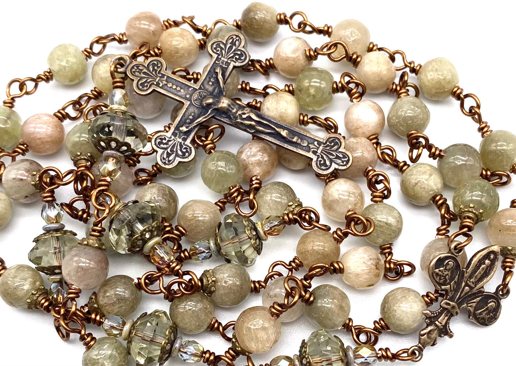 Natural Green Kunzite Gemstone Wire Wrapped Catholic Heirloom Rosary LARGE