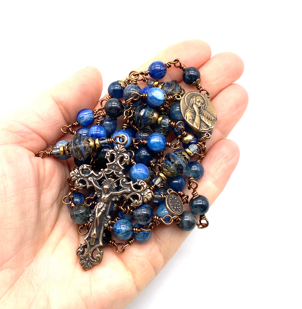 Natural Kyanite Gemstone Wire Wrapped Catholic Heirloom Rosary LARGE