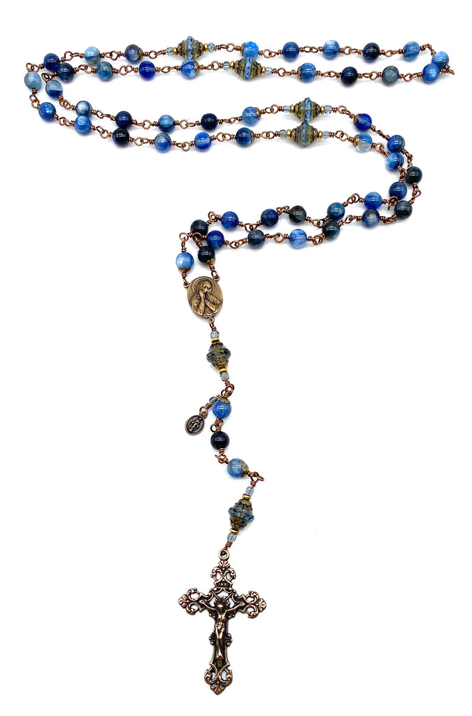Natural Kyanite Gemstone Wire Wrapped Catholic Heirloom Rosary LARGE