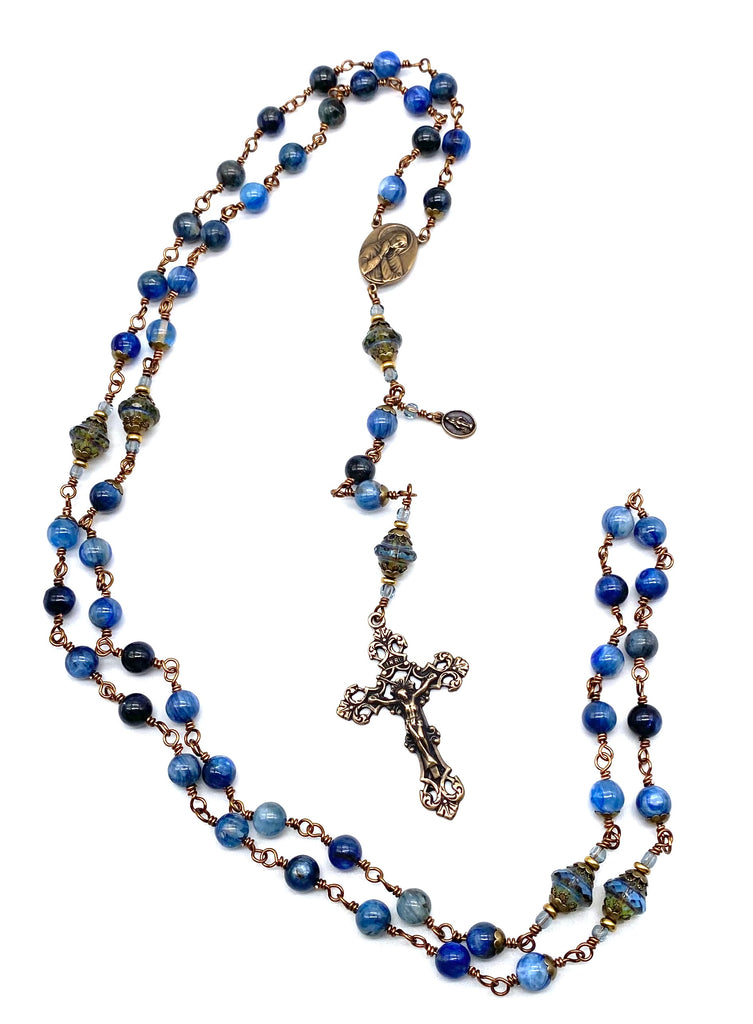 Natural Kyanite Gemstone Wire Wrapped Catholic Heirloom Rosary LARGE