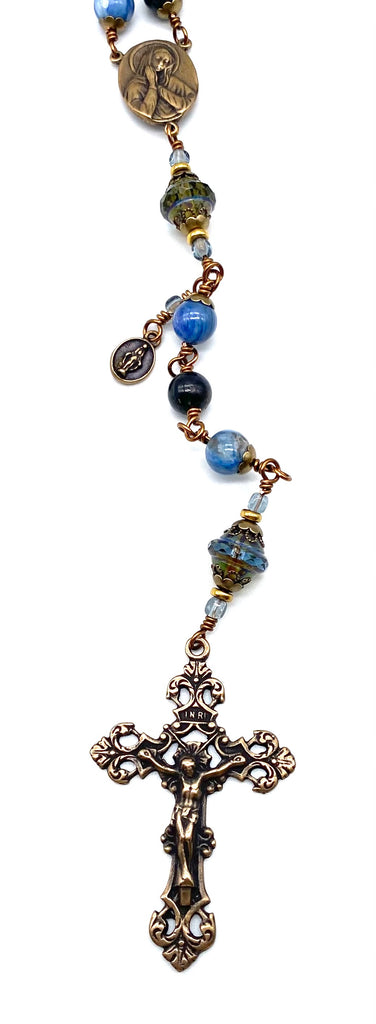 Natural Kyanite Gemstone Wire Wrapped Catholic Heirloom Rosary LARGE
