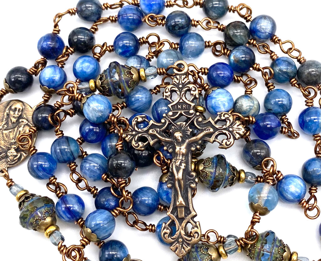 Natural Kyanite Gemstone Wire Wrapped Catholic Heirloom Rosary LARGE