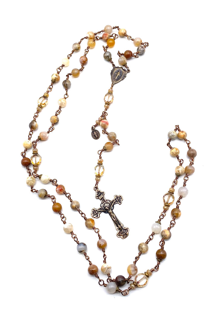 Natural Ocean Fossil Gemstone Wire Wrapped Catholic Heirloom Rosary LARGE