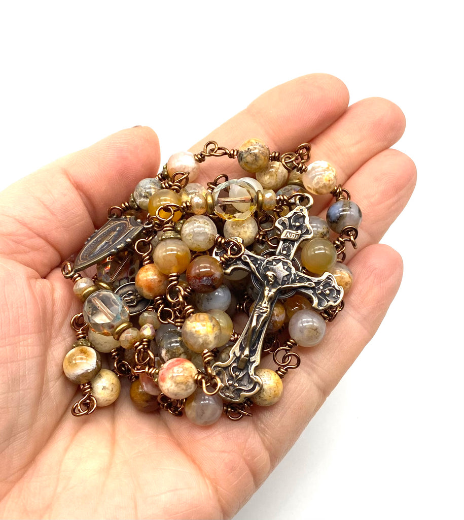 Natural Ocean Fossil Gemstone Wire Wrapped Catholic Heirloom Rosary LARGE