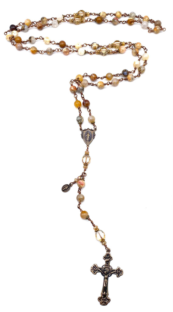 Natural Ocean Fossil Gemstone Wire Wrapped Catholic Heirloom Rosary LARGE