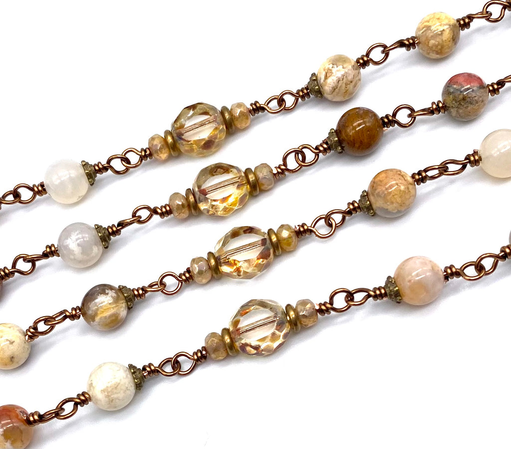 Natural Ocean Fossil Gemstone Wire Wrapped Catholic Heirloom Rosary LARGE
